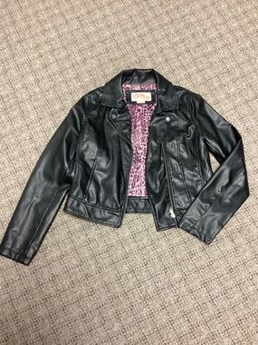 Ali & Kris Faux Leather Moto Jacket with Pink Leopard Lining  Size Girls 14/16